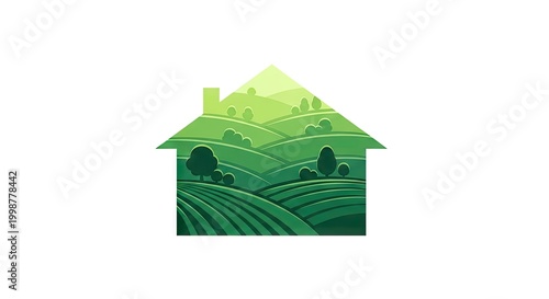 Green house silhouette filled with stylized landscape on white background