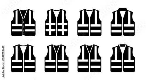 Foto Set of Black Minimalist High-Visibility Safety Vest Icons – Industrial Workwear