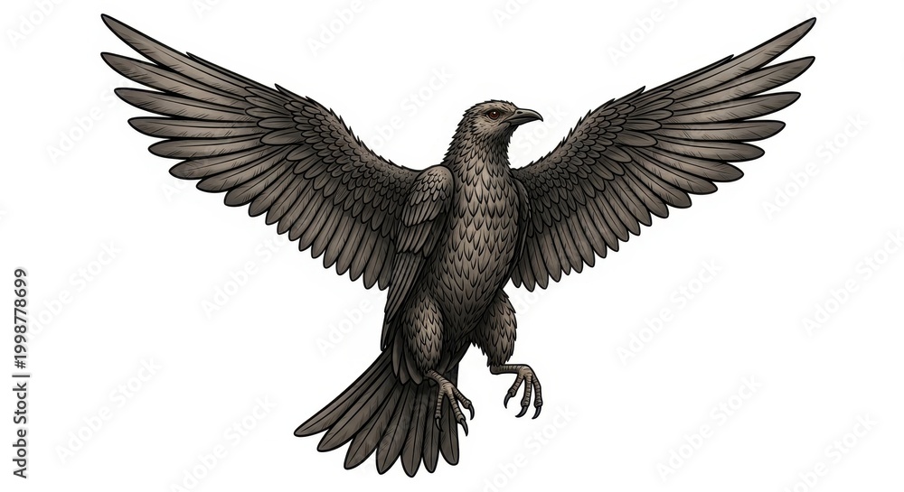 Fototapeta premium Majestic Raven Soaring Against a Clean White Background.