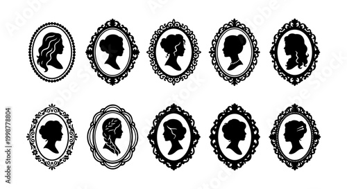Photos Set of Vintage Cameo Silhouettes with Elegant Victorian Women Profiles in Ornate