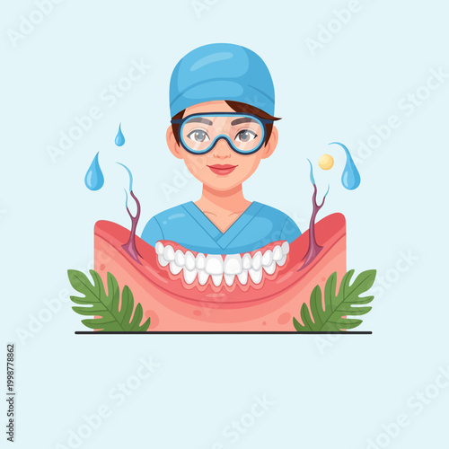 Smiling female dentist with healthy teeth and dental care concept illustration.