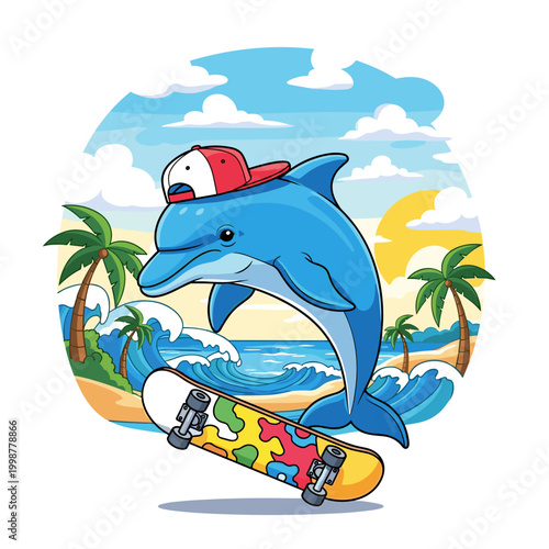 Cute Dolphin Character Skating on a Sunny Tropical Beach Illustration