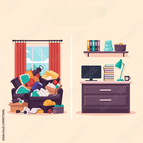Comparison of messy and organized rooms, showing before and after cleaning.