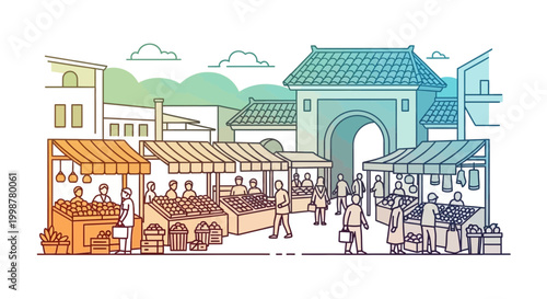 Bustling Outdoor Market Scene with Stalls and Shoppers