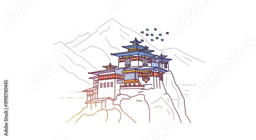 Bhutanese Monastery on Mountain Cliff, Traditional Architecture, Scenic Landscape