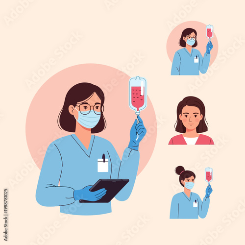 Medical professional administering intravenous fluid to a patient in a hospital setting.