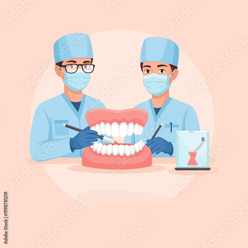Dentists examining a model of teeth, dental care and oral health concept.