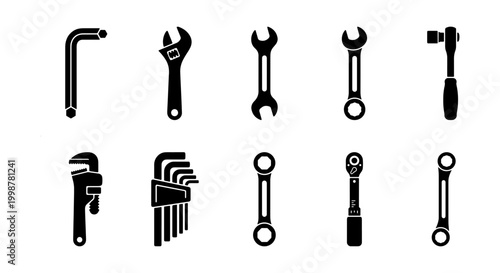 Photos Collection of 10 Black and White Vector Icons: Wrenches, Ratchets, and Allen Key