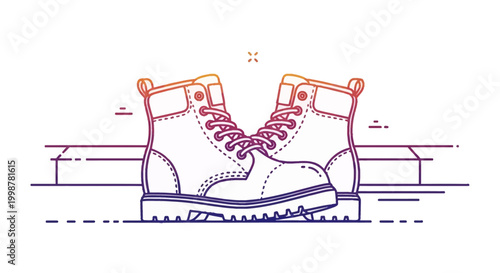 Work Boots, Construction Footwear, Safety Shoes, Outdoor Gear, Rugged Style, Line Art Illustration