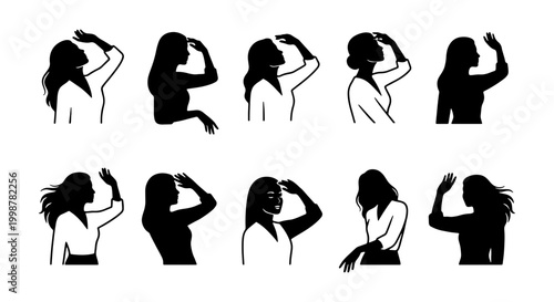 Bild auf Leinwand Collection of Woman Silhouettes Looking Away with Hand Shielding Eyes from Sun f