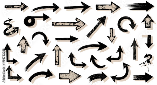 hand drawn arrow, grunge texture paint brush design, business arrows with different length and thickness hand drawn set. Graphic modern design elements.