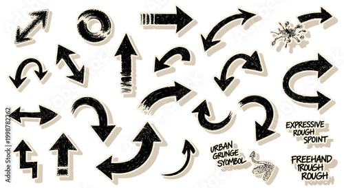 hand drawn arrow, grunge texture paint brush design, business arrows with different length and thickness hand drawn set. Graphic modern design elements.