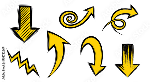 hand drawn arrow, grunge texture paint brush design, business arrows with different length and thickness hand drawn set. Graphic modern design elements.