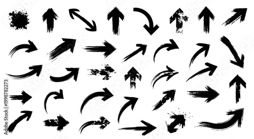 hand drawn arrow, grunge texture paint brush design, business arrows with different length and thickness hand drawn set. Graphic modern design elements.