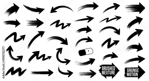 hand drawn arrow, grunge texture paint brush design, business arrows with different length and thickness hand drawn set. Graphic modern design elements.
