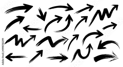 hand drawn arrow, grunge texture paint brush design, business arrows with different length and thickness hand drawn set. Graphic modern design elements.