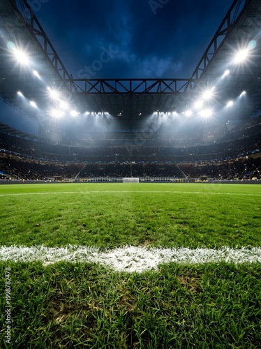 Professional football stadium at night from a low perspective behind the goal line showing bright floodlights, crowded spectator stands, and green grass turf under a dark sky.