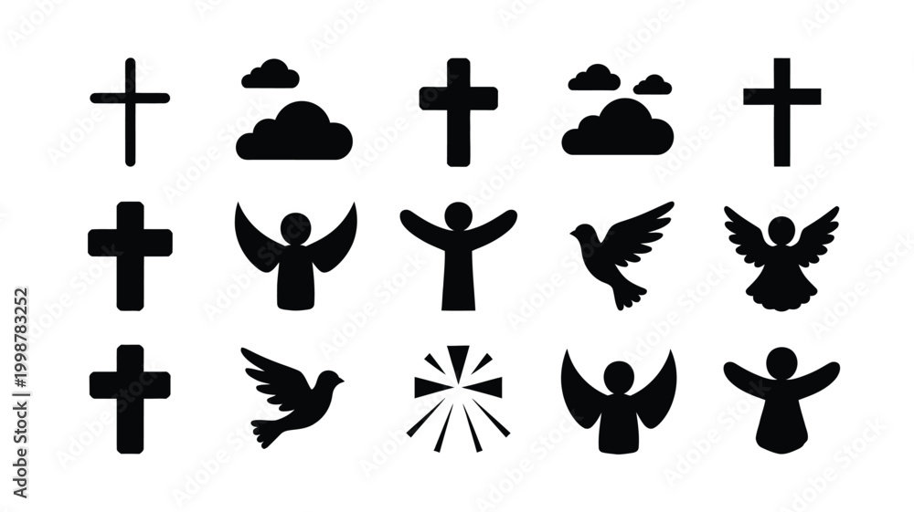 Fototapeta premium Collection of black christian crosses angels doves and clouds as simple vector icons representing faith spirituality hope and peace for religious concepts and designs