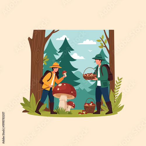 People foraging for mushrooms in the forest with baskets and fungi illustration.
