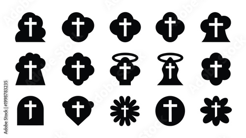 Collection of minimalist christian cross icons representing faith spirituality and ascension day featuring various shapes and styles perfect for religious graphics and holy day