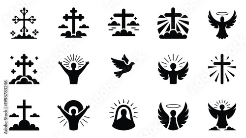 Collection of 15 minimalist black christian religious icons and symbols featuring crosses angels and figures with outstretched arms representing faith spirituality and worship