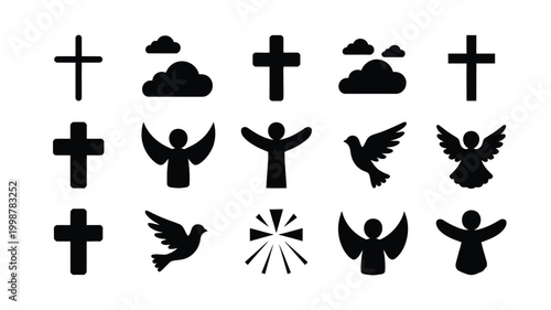Collection of black christian crosses angels doves and clouds as simple vector icons representing faith spirituality hope and peace for religious concepts and designs