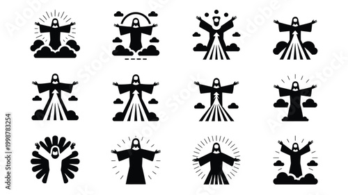Collection of 12 minimalist vector icons depicting jesus christ with open arms in various stylized representations including halos clouds and radiating light suitable