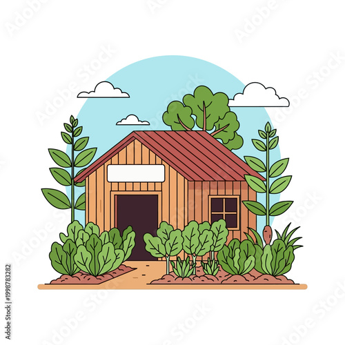 Illustration of a wooden shed in a garden with plants and trees under a blue sky.