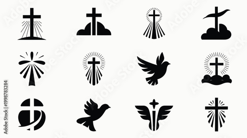 Collection of twelve diverse christian cross and dove symbols representing faith spirituality hope and divine grace presented in a clean grid layout with minimalist black