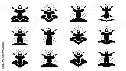 Collection of 12 minimalist vector icons representing divine figures with open arms and radiant light symbolizing spirituality faith and enlightenment on cloud backgrounds