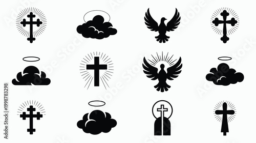 Collection of twelve bold black vector icons representing religious and spiritual symbols including crosses clouds with halos and eagles set against a clean white geometric