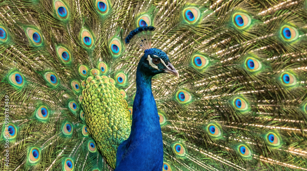 Fototapeta premium Vibrant peacock with fully fanned feathers in natural setting