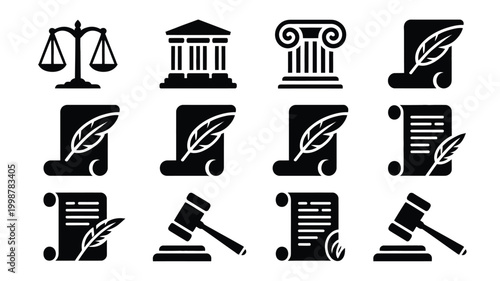 Collection of twelve professional legal and justice icons featuring scales of justice courthouse building ancient column scrolls with quills and gavel representing law and order