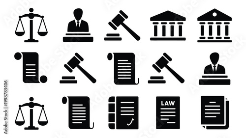 Collection of law and justice icons scales of justice gavel judge courthouse scroll document book and legal paper representing legal system court judgment rights and authority