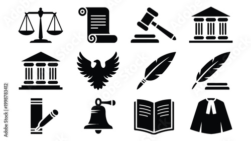 Collection of black and white vector icons representing justice law and legal concepts including scales of justice gavel courthouse eagle scroll quill open book and judge's robe