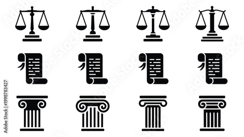 Collection of minimalist vector icons representing justice law and authority scales of justice scrolls of law and ancient columns presented in a clean modern graphic design style