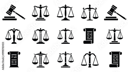 Collection of black silhouette icons representing justice and law featuring gavel and scales of justice symbols ideal for legal concepts and documentation themes