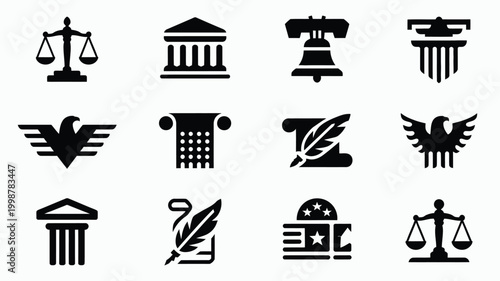Collection of twelve modern constitutional law and justice icons representing legal concepts such as scales of justice courthouse liberty bell eagle emblems ancient scrolls
