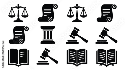 Collection of black silhouette icons representing justice law and legal concepts including scales of justice gavel scrolls and open books isolated on white background for modern
