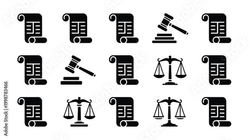 Collection of black silhouette icons representing justice law and legal documents featuring gavel scales of justice and scroll symbols on a clean white background ideal for legal