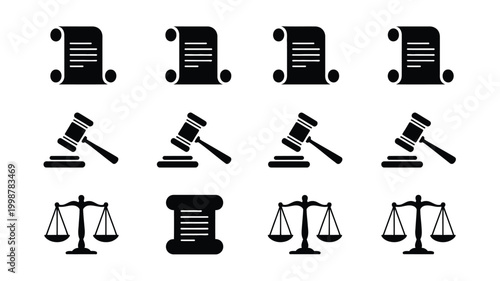 Collection of minimalist black vector icons representing law and justice scrolls of parchment wooden gavels and balanced scales of justice symbolizing legal concepts court
