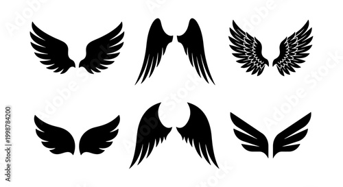 Photos Diverse Wing Icons Set, Angelic Feathered and Silhouette Designs, Graphic Elemen