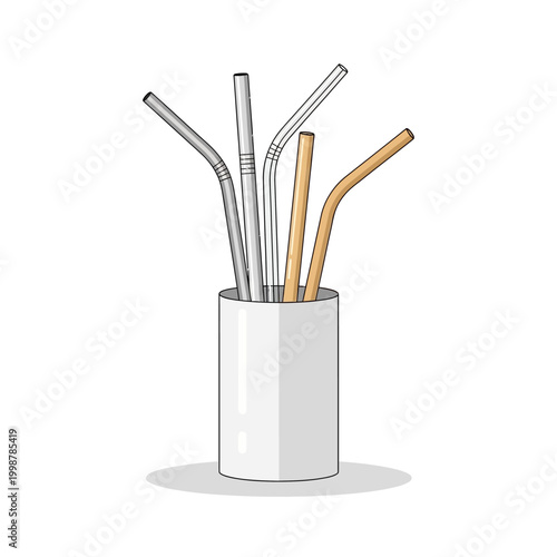 Assorted Reusable Straws in White Cup - Eco-Friendly Drinking Utensils Variety