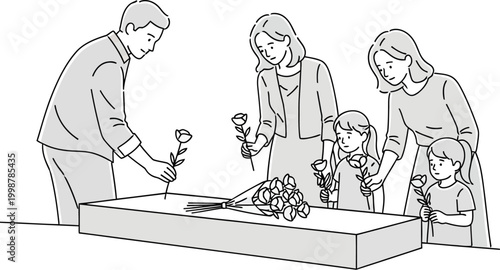A solemn family group, including adults and children, places individual roses onto a casket or memorial table, signifying remembrance and expressing profound grief during a poignant ceremony.