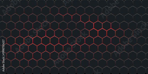 Abstract dark hexagon pattern on red neon background technology style.