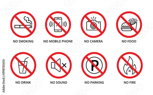 Prohibited Signs Icon collection including No Smoking, No Mobile, No Camera, No Food, No parking