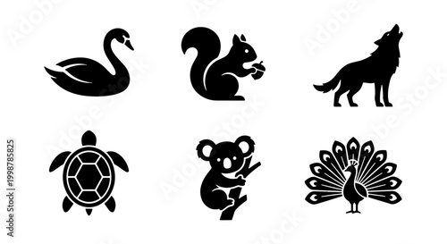 Photography Set of Six Black Animal Silhouettes: Swan, Squirrel, Wolf, Turtle, Koala, Peacoc