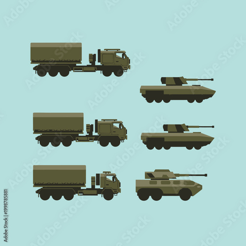 Military vehicles illustration featuring trucks and tanks on a light blue background.