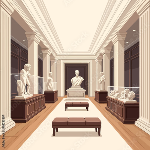 Elegant museum interior with classical sculptures and architectural columns, art gallery.