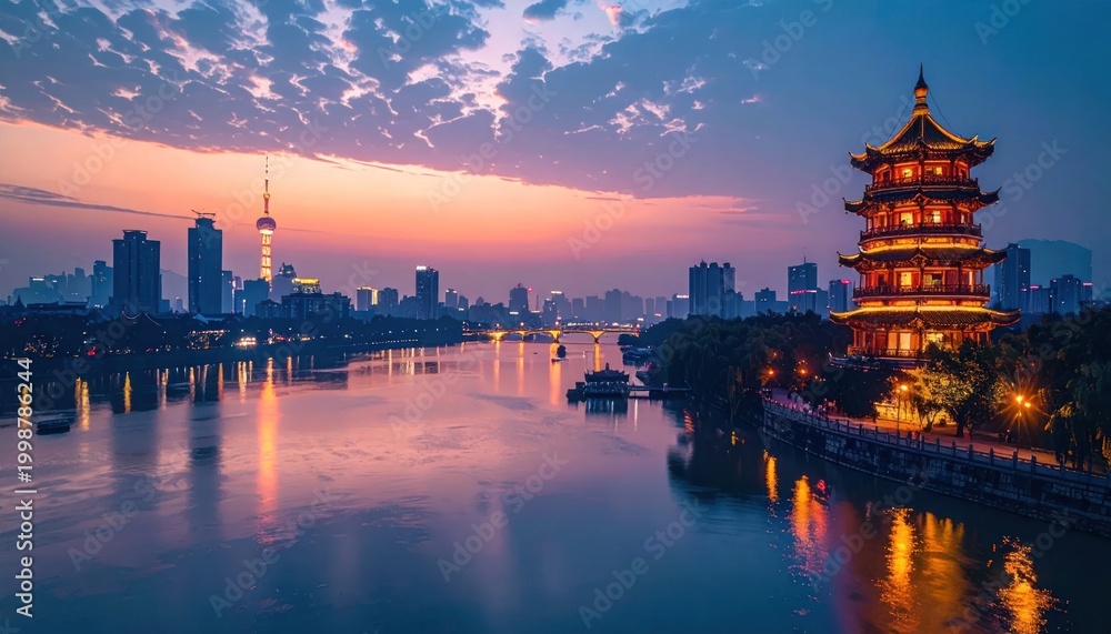 Fototapeta premium Beautiful Chinese Pagoda and City Skyline at Sunset.